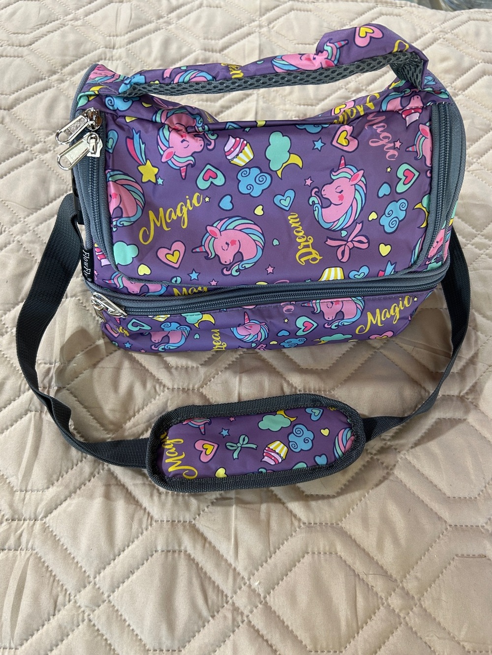 Purple Unicorn Print Crossbody Lunch Bag